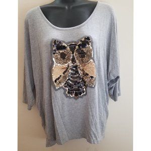 Miss Chievous Gray Sequined Owl Dolman Knit Top
